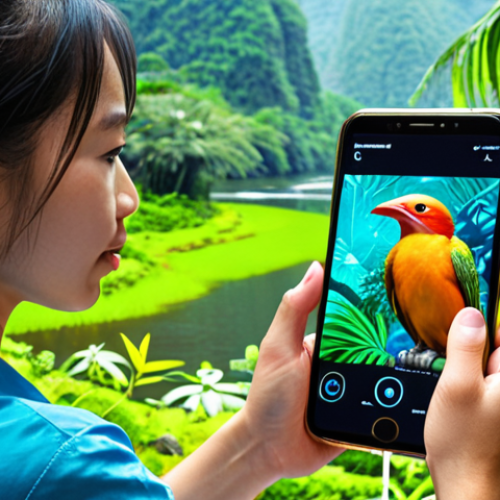 Home 15 **Prompt:** A Vietnamese citizen, with a warm, engaged expression, holds a modern smartphone, pointing it at a vibrant, exotic plant or a colorful bird in a lush Vietnamese natural setting (e.g., a tropical garden or near a scenic river). Overlaid on the scene and emanating from the phone are ethereal, glowing digital data streams and abstract AI neural network patterns, visually representing automated data analysis and biodiversity identification. The image conveys a sense of seamless integration between technology and nature, highlighting individual contribution to a national knowledge base. The style is bright, optimistic, and slightly futuristic, with a focus on detail and clarity.