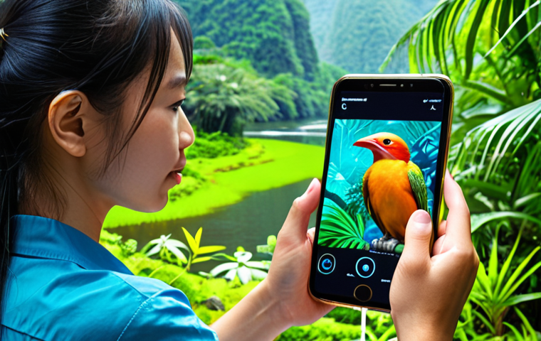 **Prompt:** A Vietnamese citizen, with a warm, engaged expression, holds a modern smartphone, pointing it at a vibrant, exotic plant or a colorful bird in a lush Vietnamese natural setting (e.g., a tropical garden or near a scenic river). Overlaid on the scene and emanating from the phone are ethereal, glowing digital data streams and abstract AI neural network patterns, visually representing automated data analysis and biodiversity identification. The image conveys a sense of seamless integration between technology and nature, highlighting individual contribution to a national knowledge base. The style is bright, optimistic, and slightly futuristic, with a focus on detail and clarity.