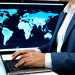 A professional individual, fully clothed in a modest business suit, intently focused on a laptop screen displaying a swirling galaxy image. The setting is a clean, modern office with soft ambient lighting, and a subtle world map in the background symbolizing global citizen science collaboration. The pose is natural and engaged. Perfect anatomy, correct proportions, well-formed hands, proper finger count, natural body proportions, appropriate attire, professional dress, safe for work, appropriate content, professional, family-friendly, high-resolution, sharp focus, professional photography.