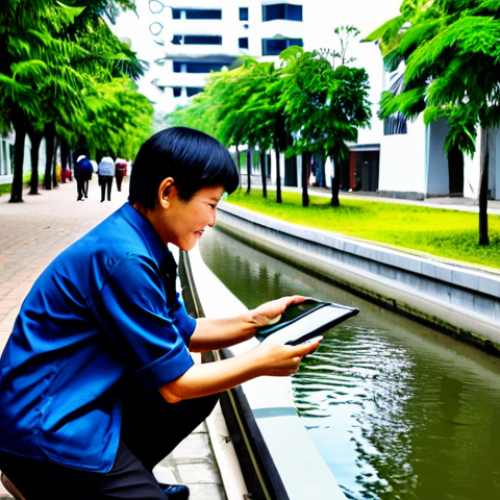 Home 7 A diverse group of Vietnamese citizens, men and women of various appropriate ages, fully clothed in modest, comfortable, and professional attire. They are actively engaged in citizen science, deploying compact, modern IoT environmental sensors along a clean, well-maintained urban canal in a bustling Vietnamese city. One person is gently placing a water quality sensor, while another reviews data on a tablet. The background features modern, clean urban architecture and lush greenery, depicting a harmonious blend of nature and technology. The scene is well-lit with natural daylight. Perfect anatomy, correct proportions, natural pose, well-formed hands, proper finger count, natural body proportions. Safe for work, appropriate content, fully clothed, family-friendly.