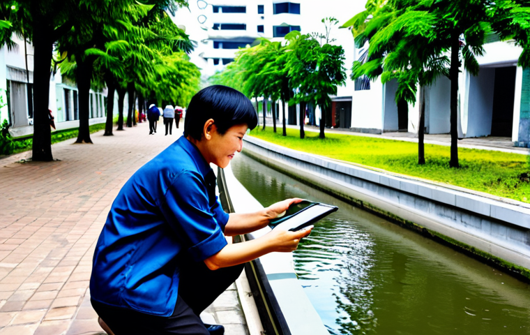 A diverse group of Vietnamese citizens, men and women of various appropriate ages, fully clothed in modest, comfortable, and professional attire. They are actively engaged in citizen science, deploying compact, modern IoT environmental sensors along a clean, well-maintained urban canal in a bustling Vietnamese city. One person is gently placing a water quality sensor, while another reviews data on a tablet. The background features modern, clean urban architecture and lush greenery, depicting a harmonious blend of nature and technology. The scene is well-lit with natural daylight. Perfect anatomy, correct proportions, natural pose, well-formed hands, proper finger count, natural body proportions. Safe for work, appropriate content, fully clothed, family-friendly.