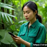 시민과학 프로젝트의 소셜 미디어 활용 - **Prompt:** A young Vietnamese woman, in her mid-20s, with a focused and respectful expression, is i...