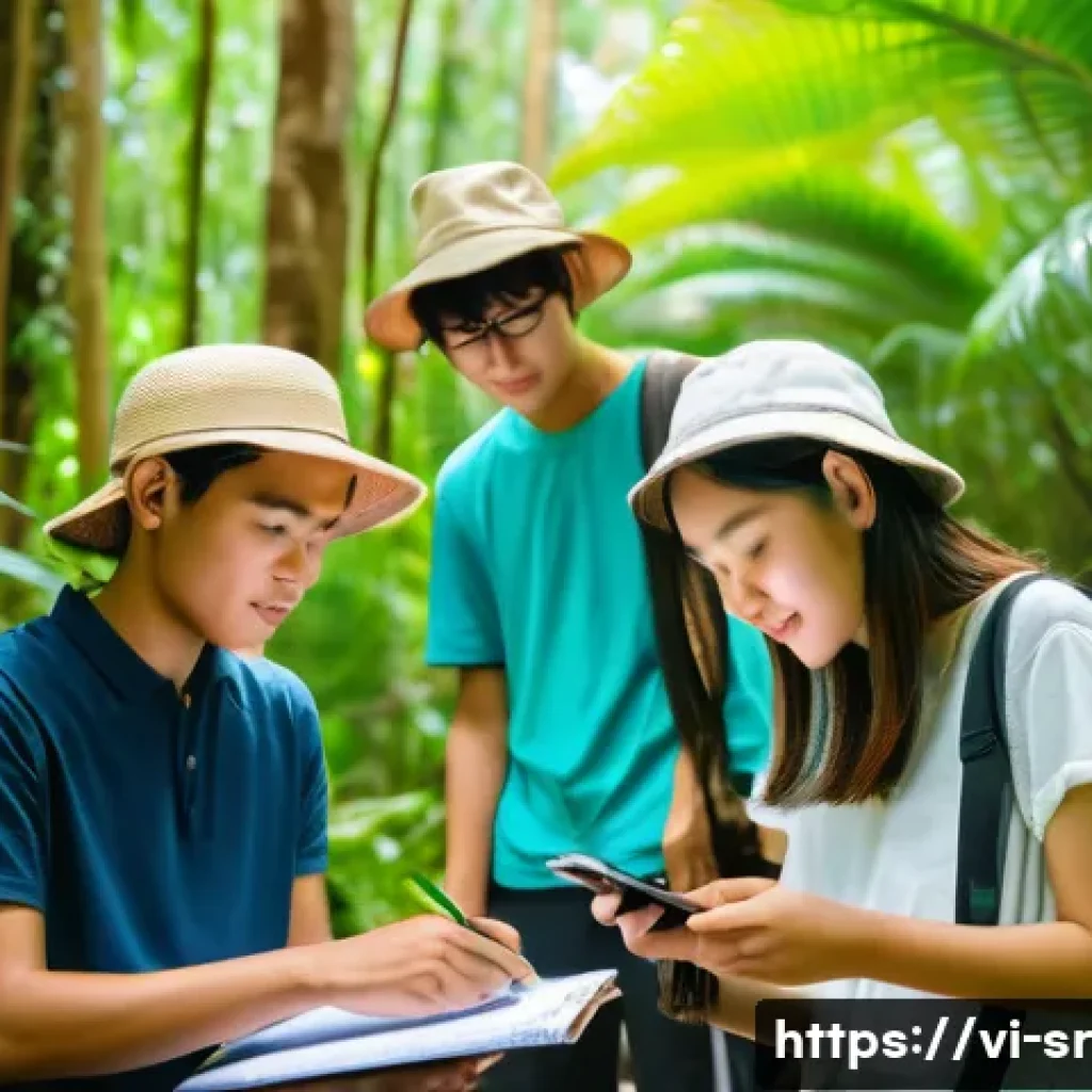 국제 시민과학 프로젝트 사례 분석 - A diverse group of Vietnamese citizens, wearing casual clothes and some with hats for sun protection...