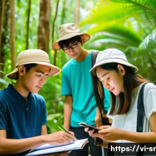 국제 시민과학 프로젝트 사례 분석 - A diverse group of Vietnamese citizens, wearing casual clothes and some with hats for sun protection...